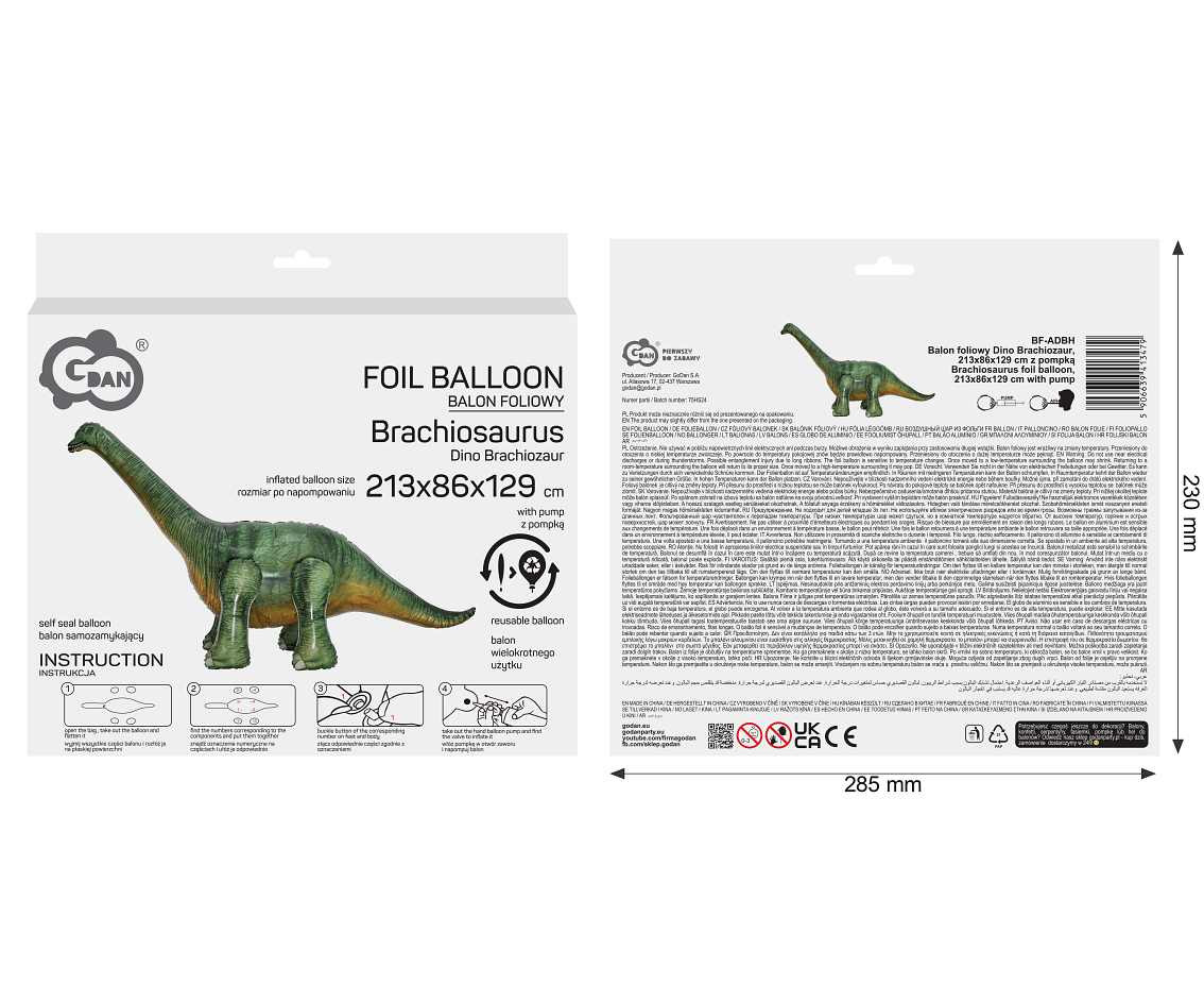 Brachiosaurus foil balloon, 213x86x129 cm with pump